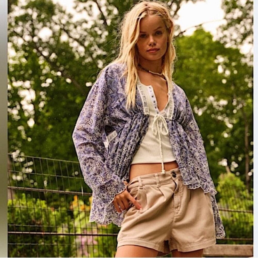 FREE PEOPLE Anissa Bed Jacket Blue Combo soft eyelet lace tie front‎